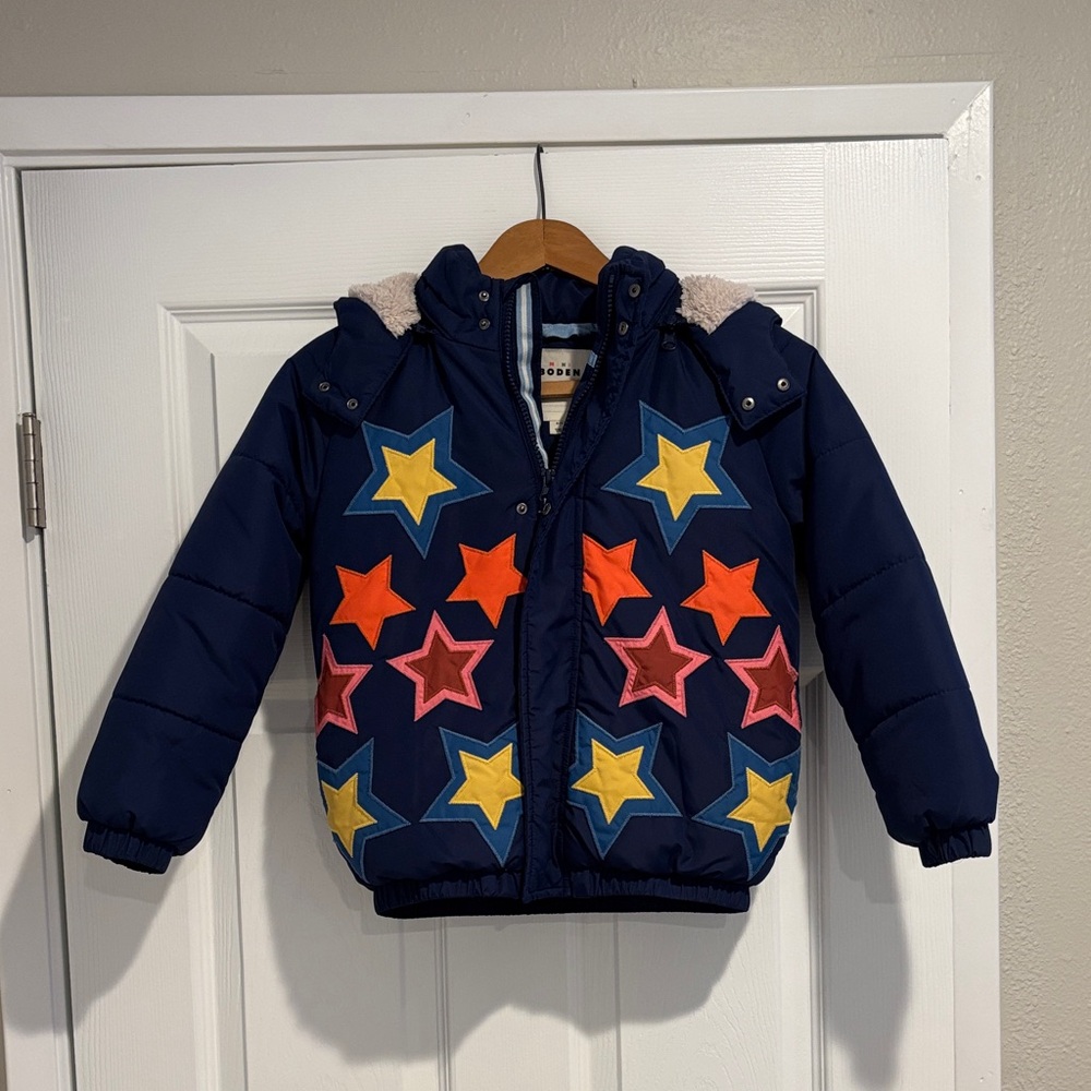 Mini Boden Star Puffer Jacket Navy Fleece Lined Hooded Winter Coat Unisex Sz 6-7
